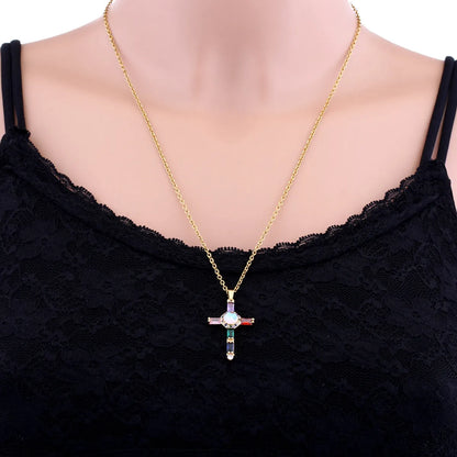 Fashion Cross Stainless Steel Copper Plating Inlay Zircon Pendant Necklace 1 Piece