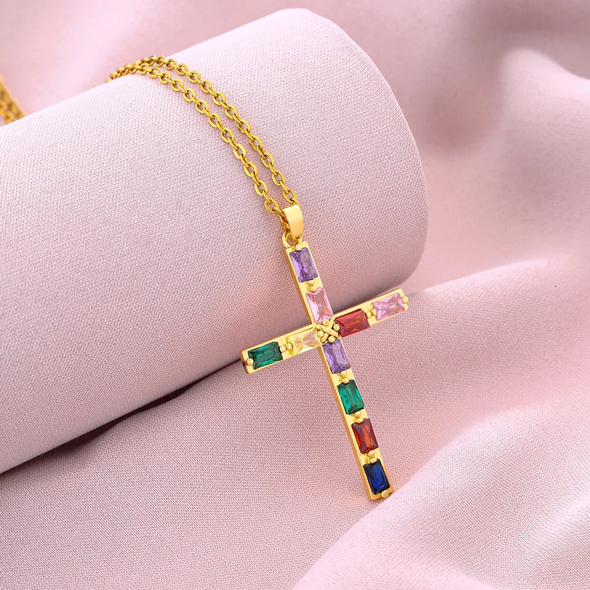 Fashion Cross Stainless Steel Copper Plating Inlay Zircon Pendant Necklace 1 Piece