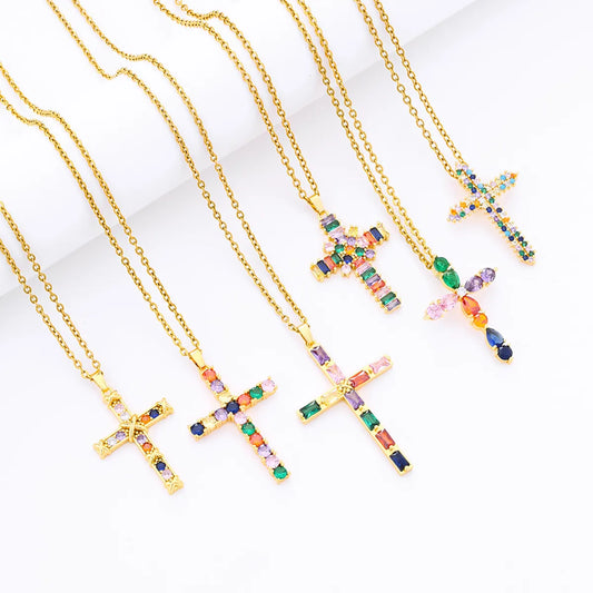 Fashion Cross Stainless Steel Copper Plating Inlay Zircon Pendant Necklace 1 Piece