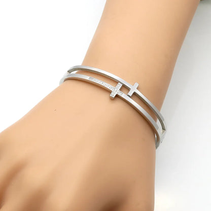 Fashion Cross Titanium Steel Inlay Rhinestones Bangle