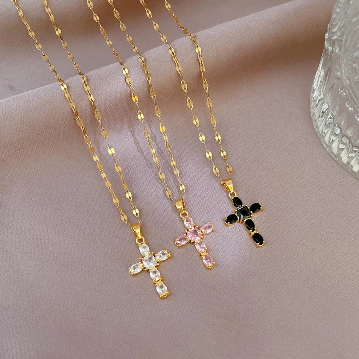 Fashion Cross Titanium Steel Copper Plating Inlay Zircon Pendant Necklace