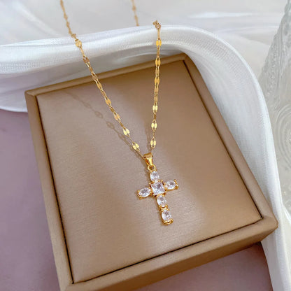 Fashion Cross Titanium Steel Copper Plating Inlay Zircon Pendant Necklace