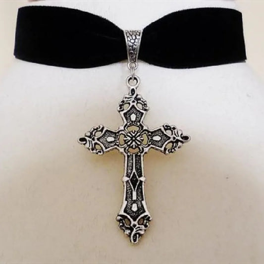 Fashion Cross Velvet Alloy Plating Women'S Choker 1 Piece