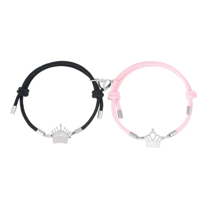 Fashion Crown Stainless Steel Synthetic Fibre Couple Bracelets 1 Pair