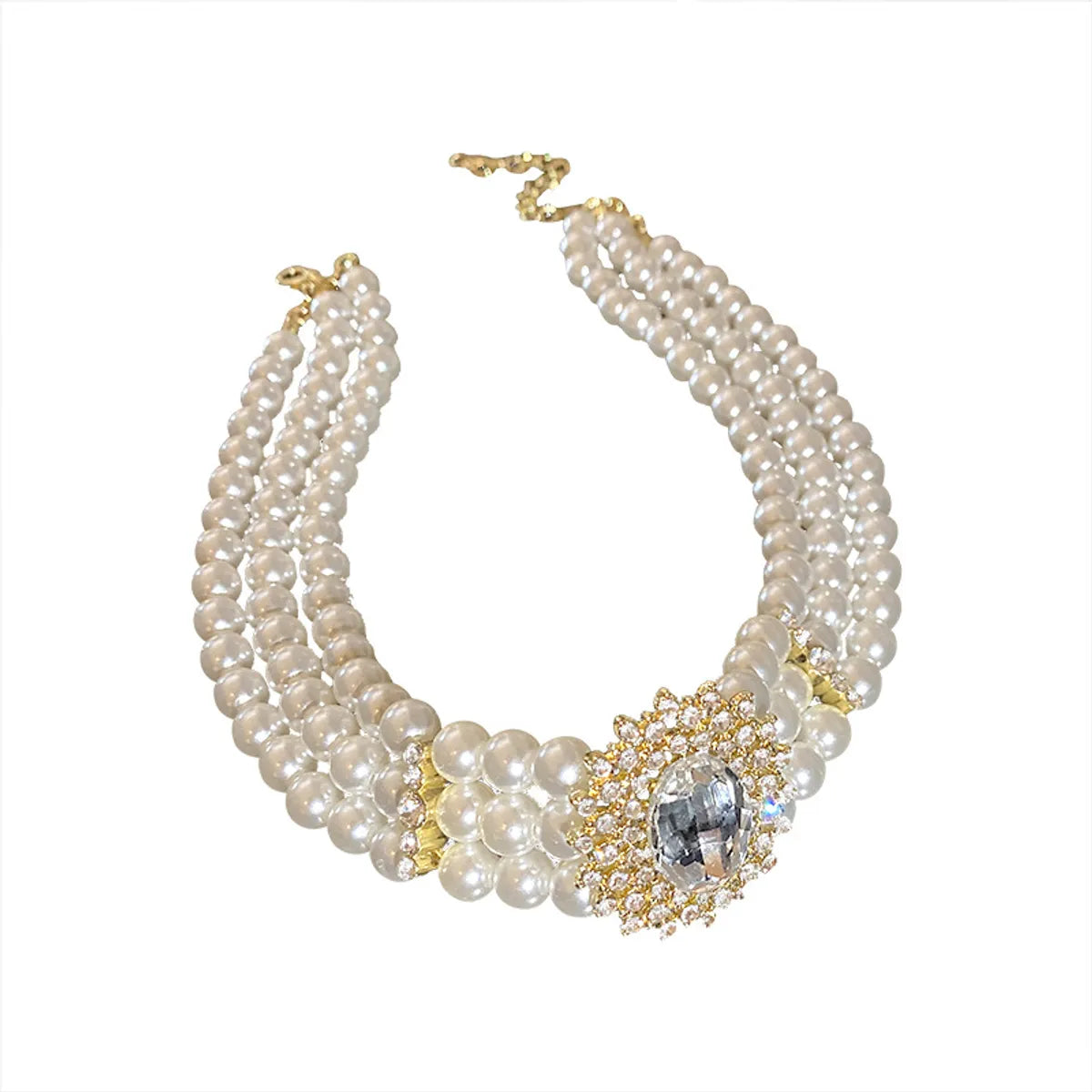 Fashion Crystal Diamond Multi-row Pearl Necklace Short Alloy Necklace