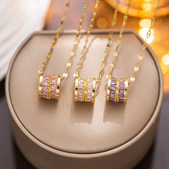 Fashion Crystal Transfer Bead Necklace For Women Titanium Steel Ball Chain With Geometric Pattern Electroplated