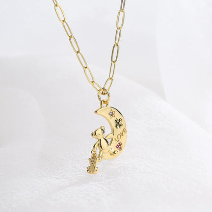 Fashion Cute Bear Moon Pendant Plating 18k Gold Micro Inlaid Zircon Copper Necklace