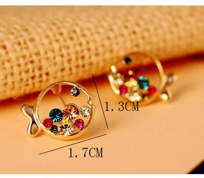 Fashion Cute Clownfish Animal Hollow Jeweled Small Fish Colorful Crystals Stud Earrings