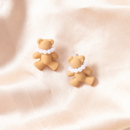 Fashion Cute Imitation Pearl Little Bear Metal Earring Female