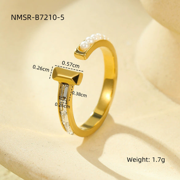 Fashion Design Stainless Steel Inlaid Pearl Open Ring With Electroplating For Women