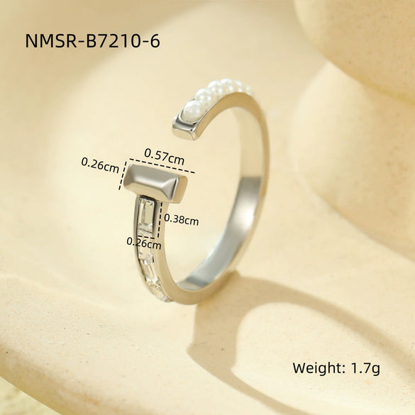 Fashion Design Stainless Steel Inlaid Pearl Open Ring With Electroplating For Women