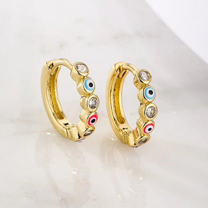 Fashion Devil's Eye Copper Enamel Gold Plated Zircon Hoop Earrings 1 Pair