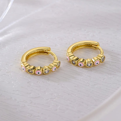 Fashion Devil's Eye Copper Enamel Gold Plated Zircon Hoop Earrings 1 Pair