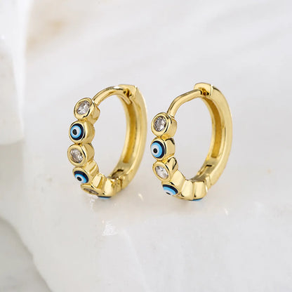 Fashion Devil's Eye Copper Enamel Gold Plated Zircon Hoop Earrings 1 Pair