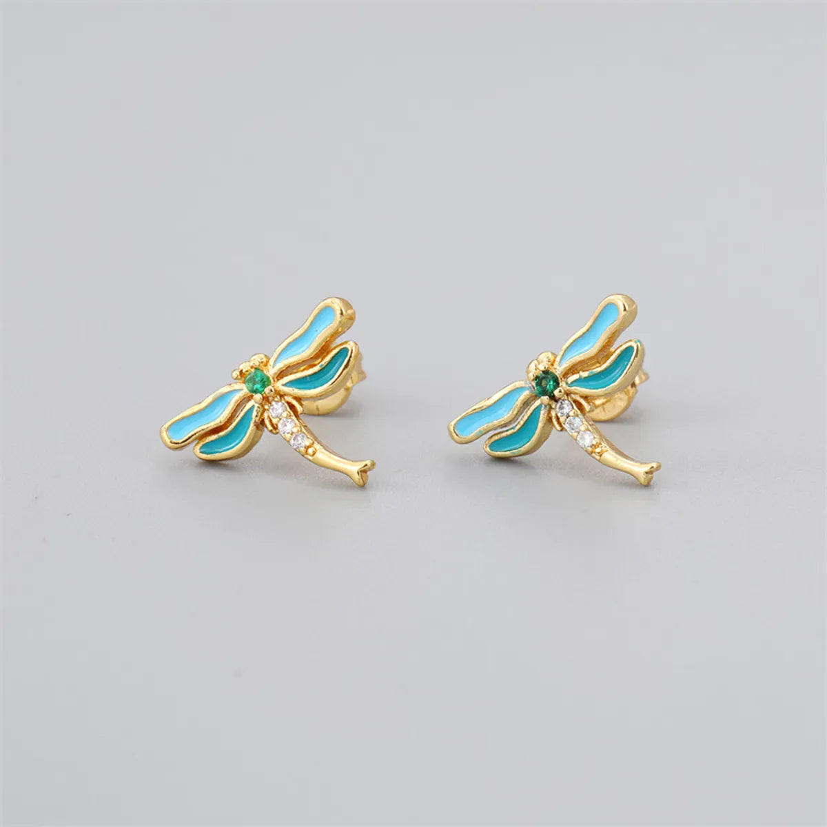 Fashion Devil's Eye Dragonfly Copper Enamel Zircon Gold Plated Ear Studs 1 Pair