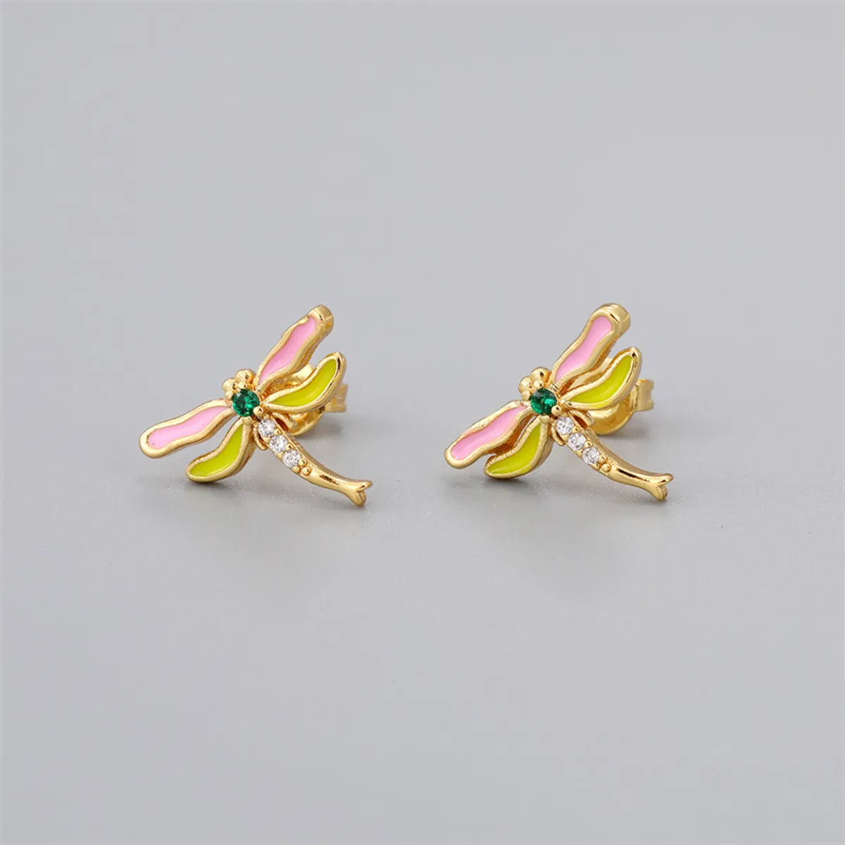 Fashion Devil's Eye Dragonfly Copper Enamel Zircon Gold Plated Ear Studs 1 Pair