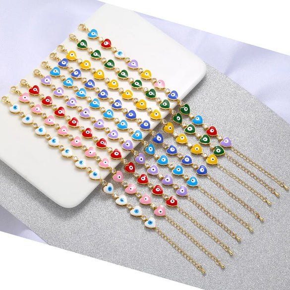 Fashion Devil'S Eye Heart Shape Copper Bracelets Enamel Inlay Artificial Gemstones Copper Bracelets