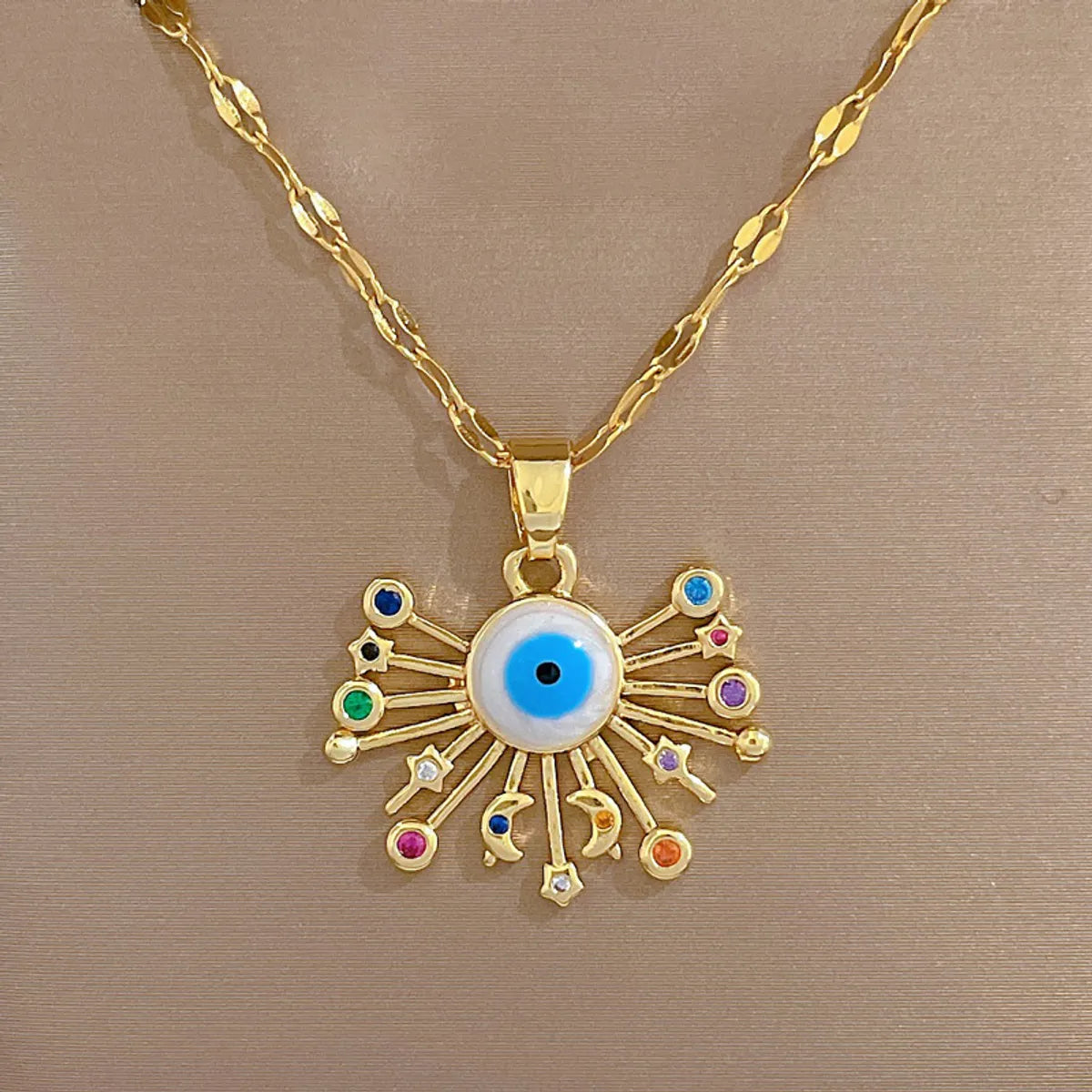 Wholesale Fashion Devil'S Eye Star Moon Stainless Steel Copper Inlay Rhinestones Pendant Necklace