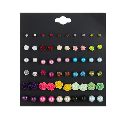 Fashion Diamond-studded Color Flower Pearl Acrylic 30 Pairs Set Alloy Earrings