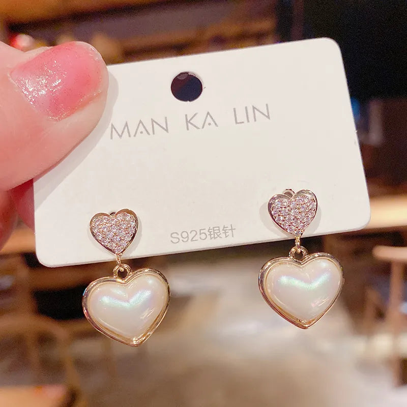 Fashion Diamond-Studded Pearl Heart-Shape Earrings