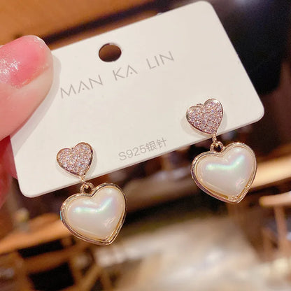 Fashion Diamond-Studded Pearl Heart-Shape Earrings