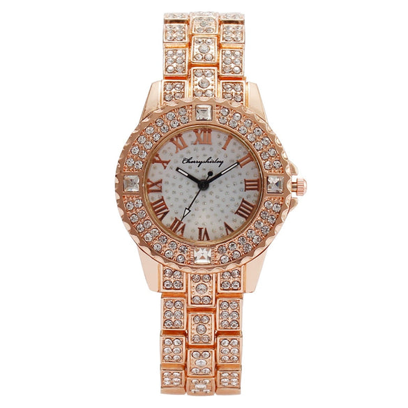 Fashion Diamondencrusted Rhinestone Women's Metal Watch With Roman Pattern And Round Dial