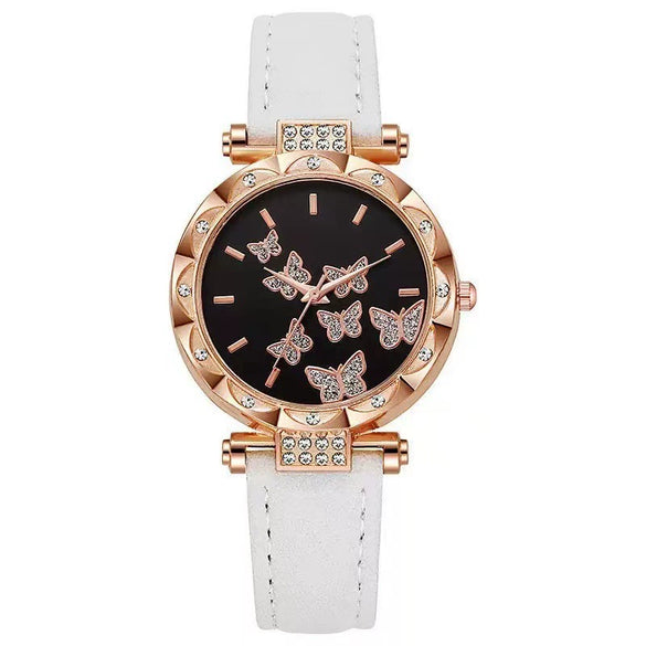 Fashion Diamondencrusted Seven Butterfly Women's Alloy And Pu Watch With Round Dial