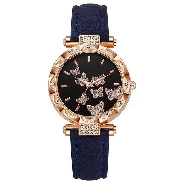 Fashion Diamondencrusted Seven Butterfly Women's Alloy And Pu Watch With Round Dial