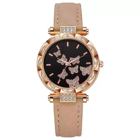 Fashion Diamondencrusted Seven Butterfly Women's Alloy And Pu Watch With Round Dial