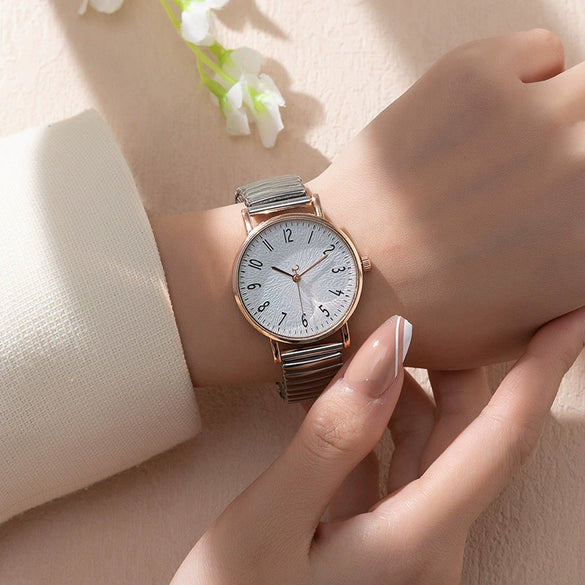 Fashion Digital Women's Watch Elastic Band Quartz Alloy Case Metal Strap Round Dial