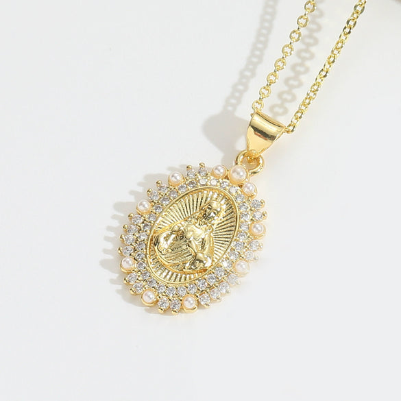 Fashion Discshaped Pearl Zircon Inlaid Virginshaped Pendant Necklace For Women Copper Electroplating