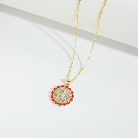 Fashion Discshaped Pearl Zircon Inlaid Virginshaped Pendant Necklace For Women Copper Electroplating