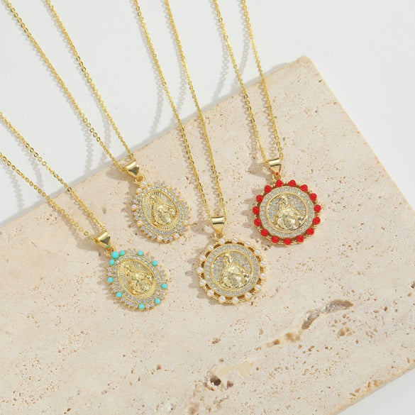Fashion Discshaped Pearl Zircon Inlaid Virginshaped Pendant Necklace For Women Copper Electroplating