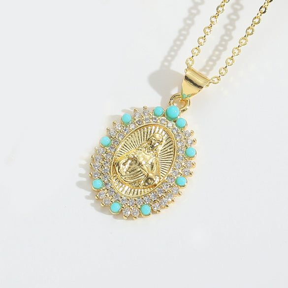 Fashion Discshaped Pearl Zircon Inlaid Virginshaped Pendant Necklace For Women Copper Electroplating