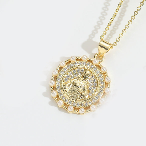 Fashion Discshaped Pearl Zircon Inlaid Virginshaped Pendant Necklace For Women Copper Electroplating