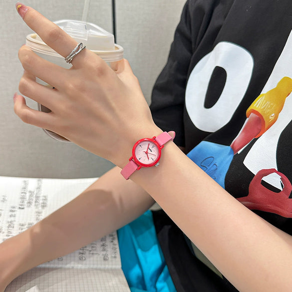 Fashion Dopamine Color Round Alloy Case Mineral Reinforced Glass Mirror Belt Strap Stainless Steel Buckle Female Watch