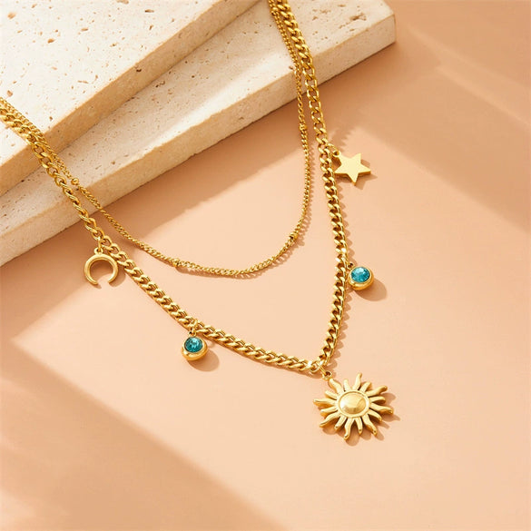 Fashion Dopamine Women's Stainless Steel Star Moon Clavicle Chain With Flower Pendant And Electroplating Treatment