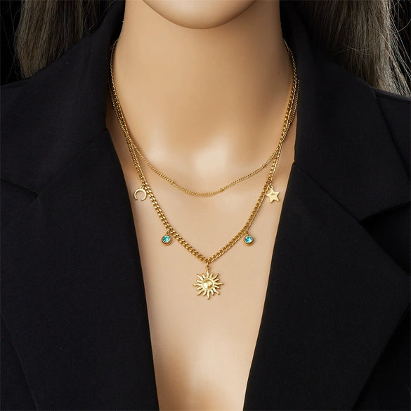 Fashion Dopamine Women's Stainless Steel Star Moon Clavicle Chain With Flower Pendant And Electroplating Treatment