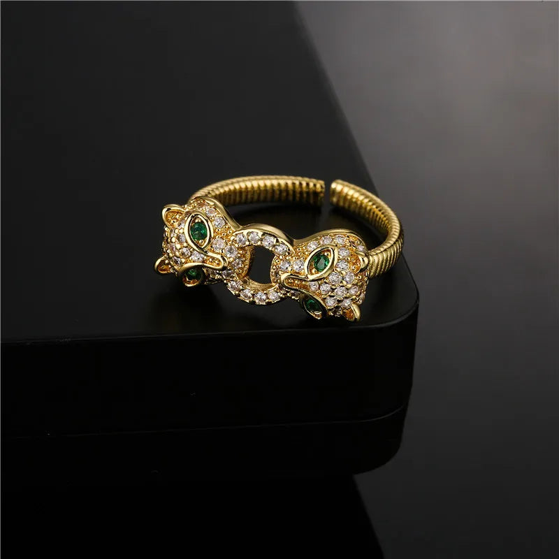 Fashion Double-Headed Jaguar Copper Micro-Inlaid Opening Ring