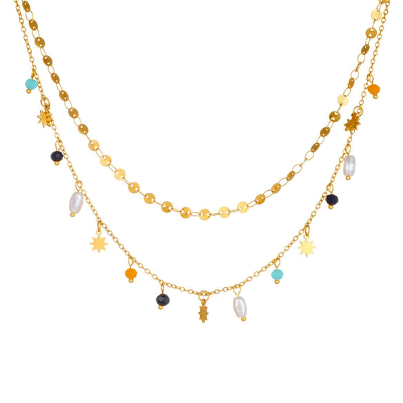 Fashion Double Layer Stacked Highend Sense Geometric Beaded Pendant Chain Necklace Stainless Steel Electroplating For Women