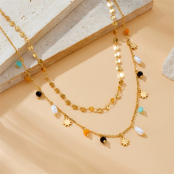 Fashion Double Layer Stacked Highend Sense Geometric Beaded Pendant Chain Necklace Stainless Steel Electroplating For Women