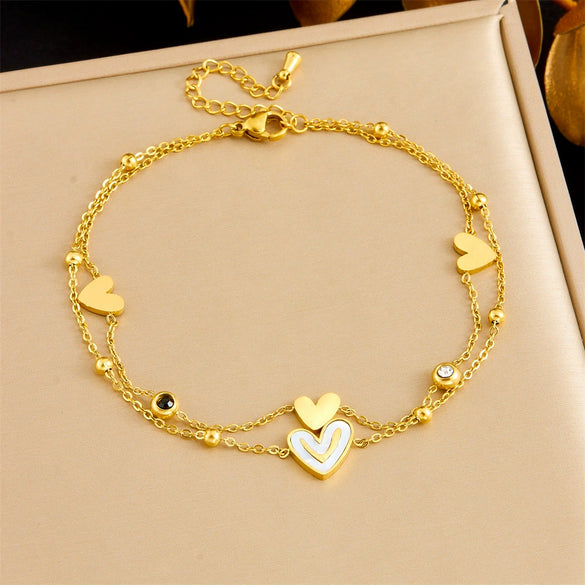 Fashion Double Layer Stacked Women's Anklet Stainless Steel Heart Shape Love Diamond Tree Of Life Accessories Chain