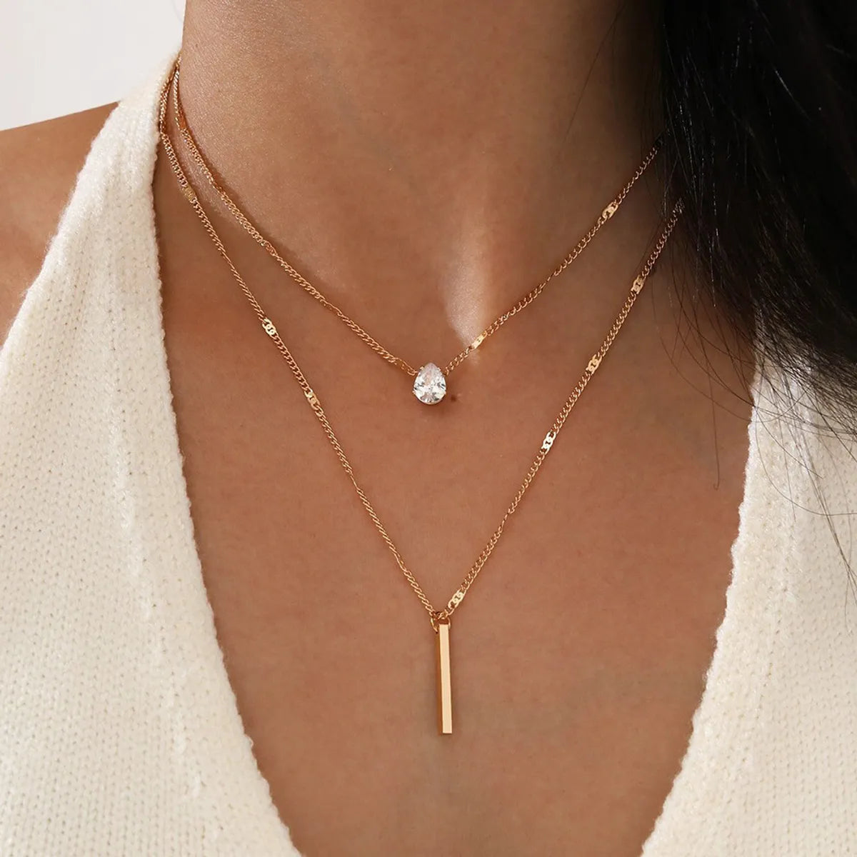 Fashion Double Layered Two-piece Drop-shaped Diamond Long Tassel Pendant Necklace