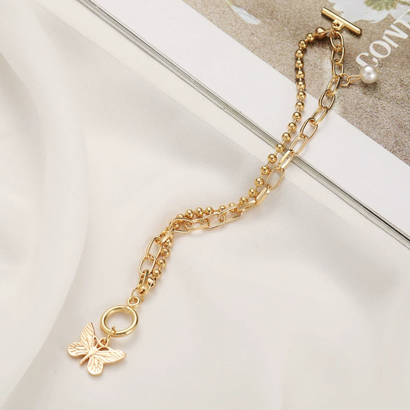 Fashion Doublelayer Ballbead Chain Bracelet With Butterfly Pendant Alloy Material Retro And Simple Style Unisex