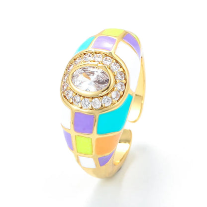 Fashion Dripping Oil Adjustable Wide Face Inlaid Zircon Grid Stripe Copper Ring Wholesale Gooddiy