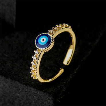 Fashion Dripping Oil Devil's Eye Open Ring Copper-plated 18k Gold Micro-set Zircon Ring