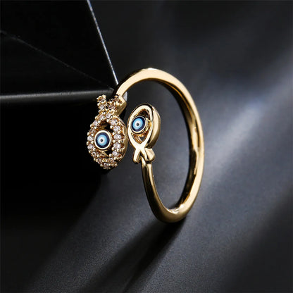 Fashion Dripping Oil Devil's Eye Ring Copper Gold Plated Double Fish Design Geometric Open Ring