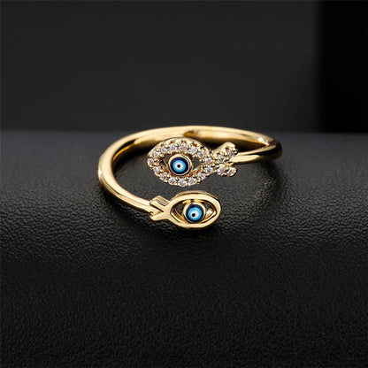 Fashion Dripping Oil Devil's Eye Ring Copper Gold Plated Double Fish Design Geometric Open Ring