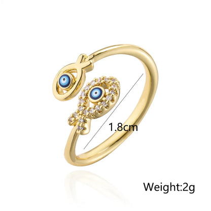 Fashion Dripping Oil Devil's Eye Ring Copper Gold Plated Double Fish Design Geometric Open Ring