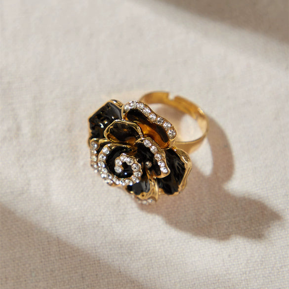 Fashion Electroplated Alloy Flower Ring With Oil Drip Rose Design Adjustable Opening Unisex Statement Ring